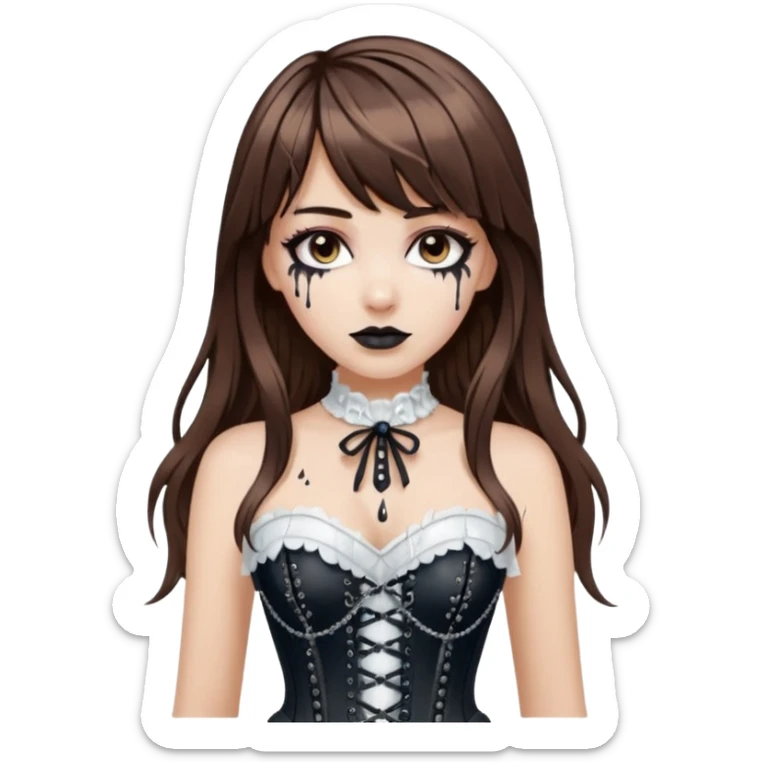 white girl, brown hair, bangs and long hair, dark makeup. Detailed corset top with white paint dripping,  sticker