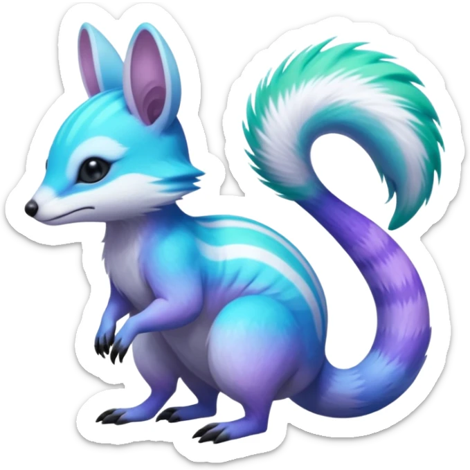 Iridescent Neon Green-Cyan-Blue-Purple-gradients Minccino-Numbat-Sergal-fusion-hybrid-animal-creature, full body sticker