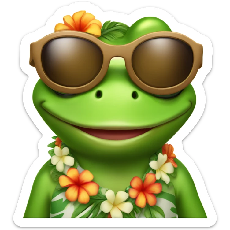 Hawaiian-inspired cartoon frog (Pepe) wearing a traditional Hawaiian shirt, sunglasses, and a flower garland around its neck. sticker