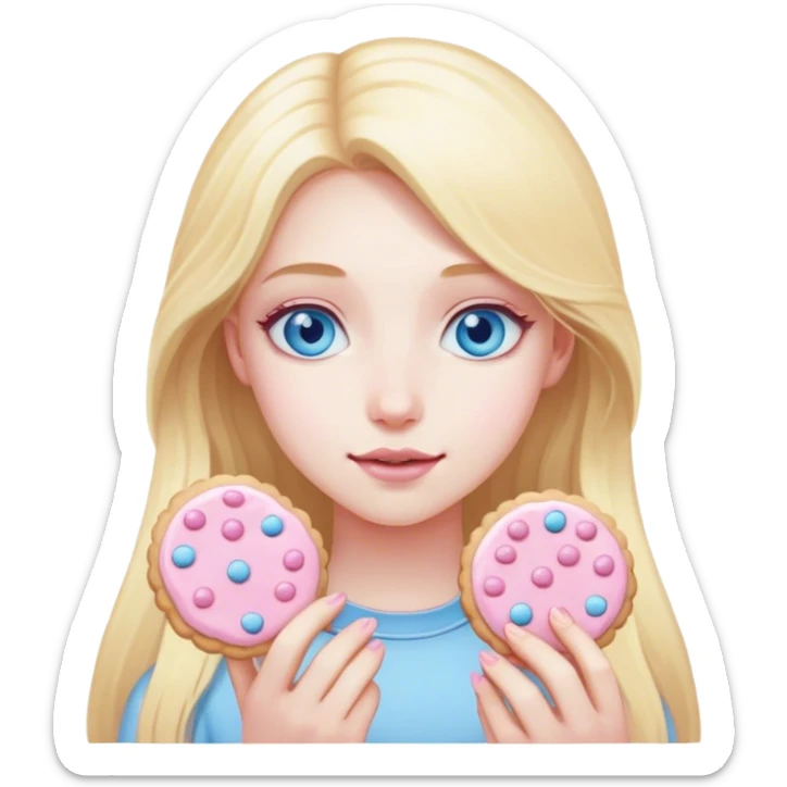 Blonde girl with pale skin and blue eyes and long hair with light pink cookies sticker
