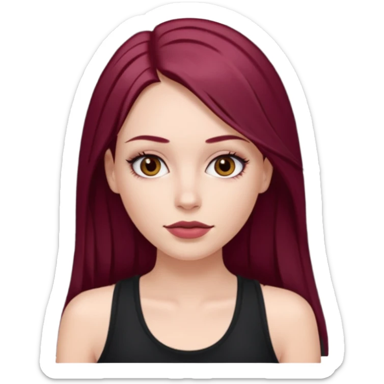 white girl, long straight middle part burgundy hair, brown eyes, long eyelashes, full lips, black tank top sticker