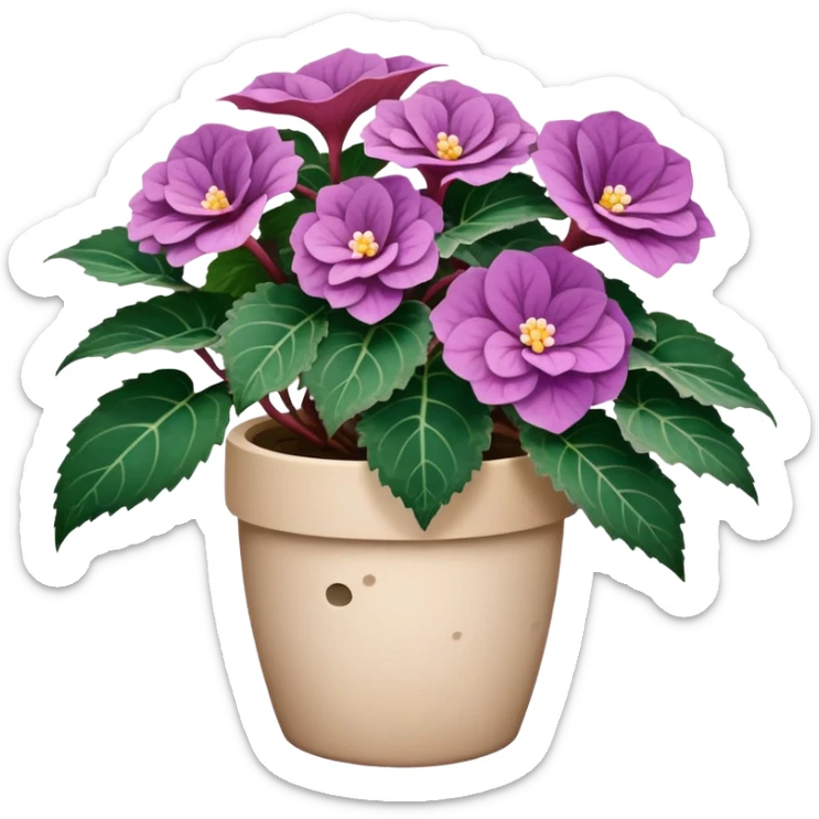 Begonia Rex with dark green leaves, purple edges, white spots in the middle, and prominent spiral centers where leaves grow from, in a beige pot sticker