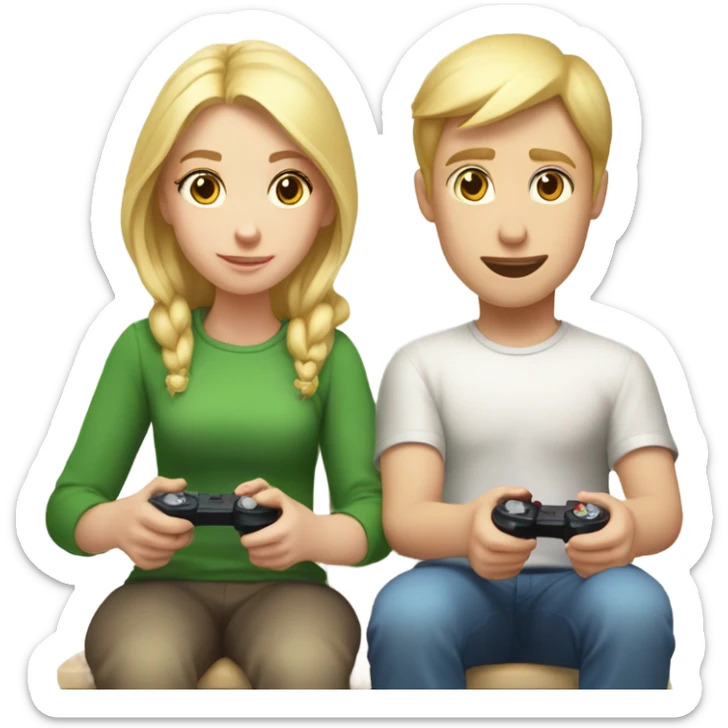 Blonde Girl with white skin and blonde boy with white skin sit playing with joysticks   sticker