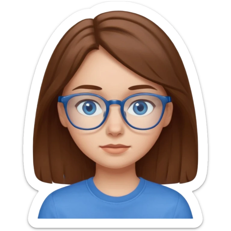 a brown haired girl with blue eyes and glasses with blue shirt that says crush sticker