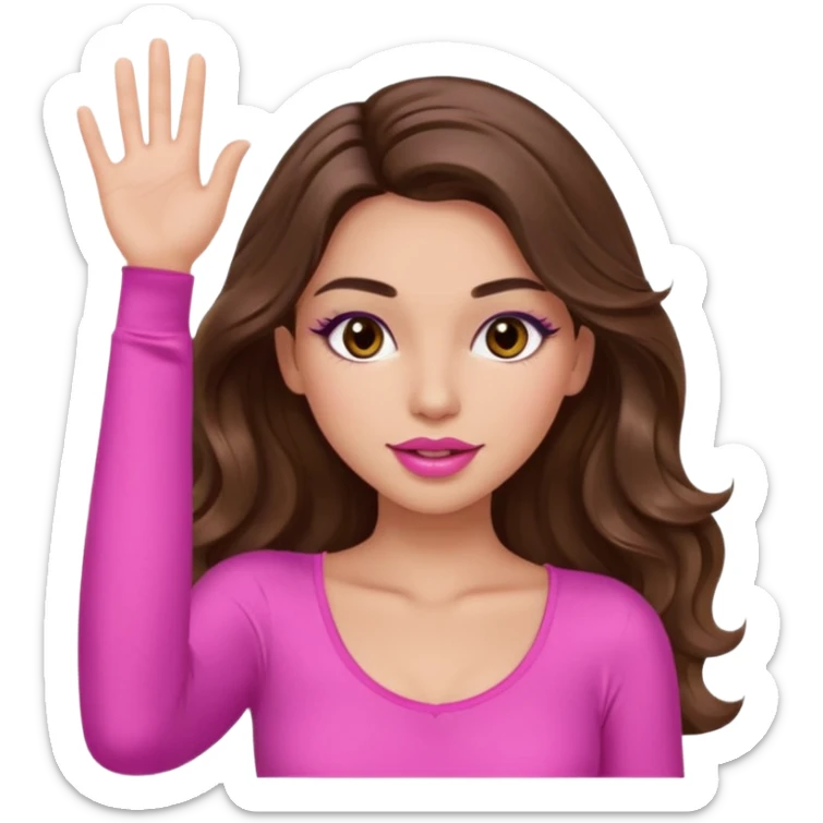 girl with long wavy brown hair, brown eyes, long lashes makeup, sexy pink lips, light to medium complexion, wearing a pink sexy top, one hand in the air high sticker