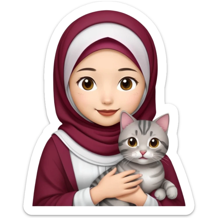 Asian White girl wearing maroon hijab wearing a white dress holding a black grey tabby cat while smiling.  sticker