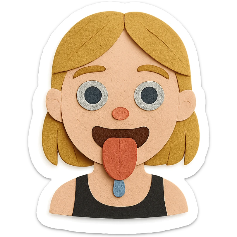 dirty blonde girl with blueish green eyes, black tank top, sticking tongue out and drooling sticker