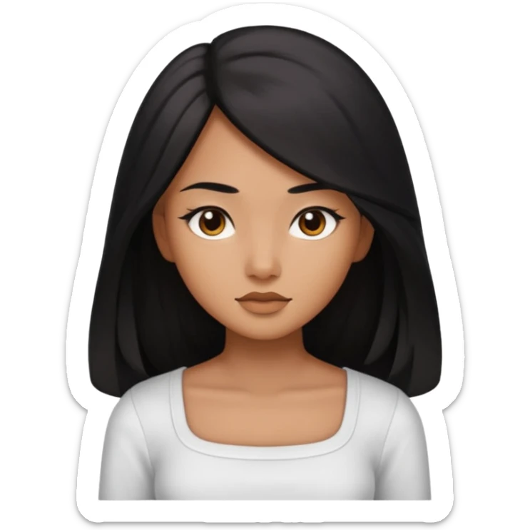 A deep skin girl (deep skin is caramel color not dark) with long black hair swept TO THE FRONT and a square neckline shirt and brown eyes sticker