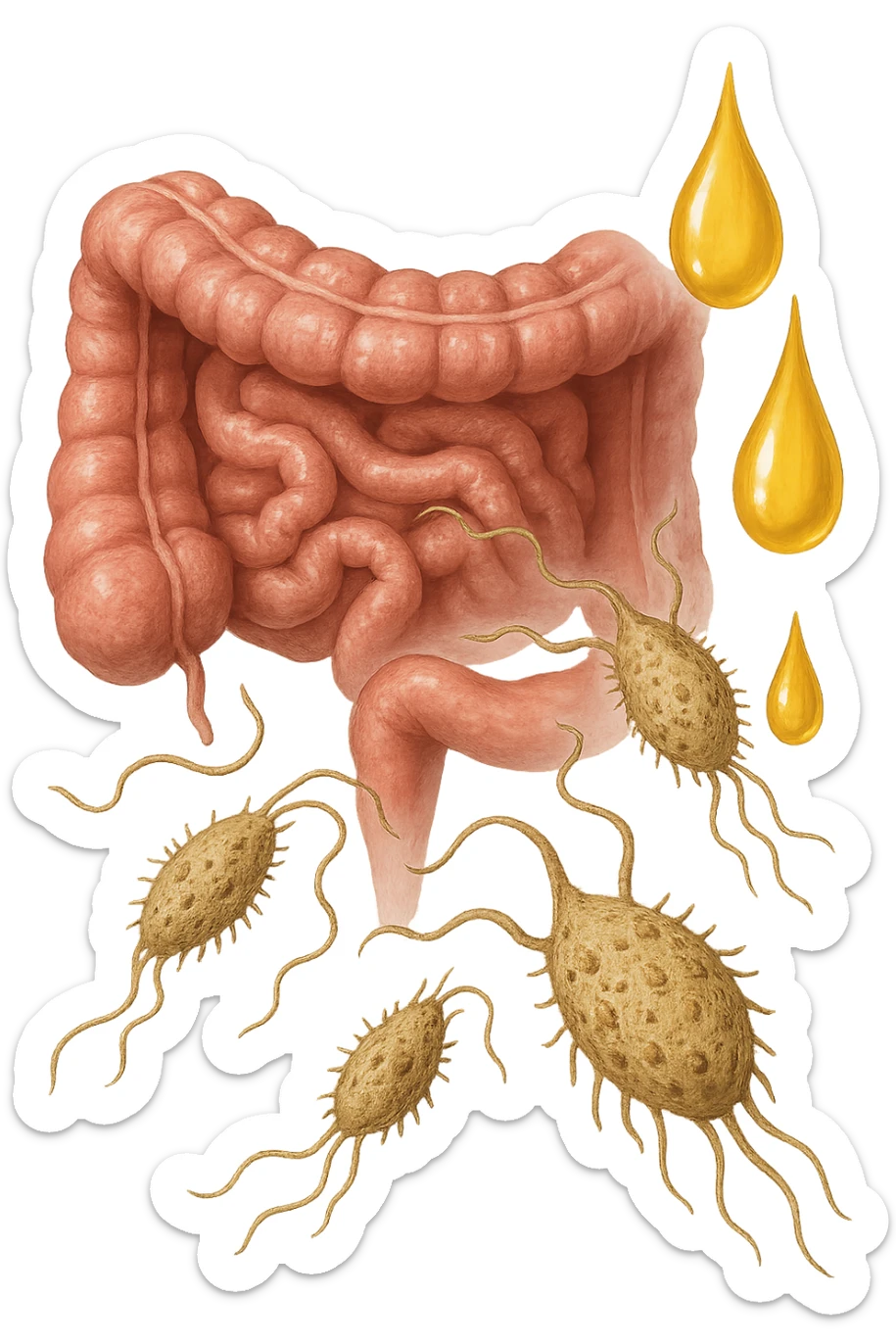 Realistic medical image of microscopic parasites leaving the intestines after taking natural kinesiological drops, symbolizing detox and cleansing. sticker