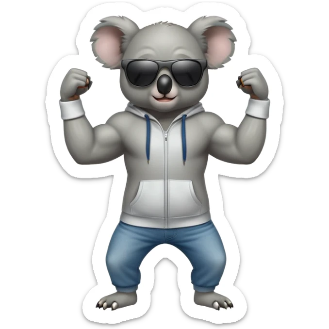 anthropomorphised koala, full body, wearing a hoodie and jeans, dark sunglasses, flexing muscles sticker
