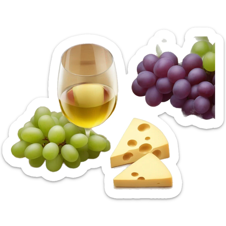 Wooden board with different kind of cheese, grapes and a glass of white wine sticker