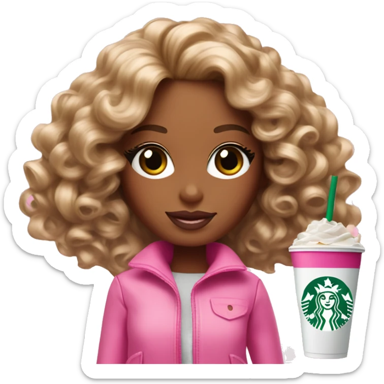 Barbie girl with curly hair holding Pink starbucks refresher sticker