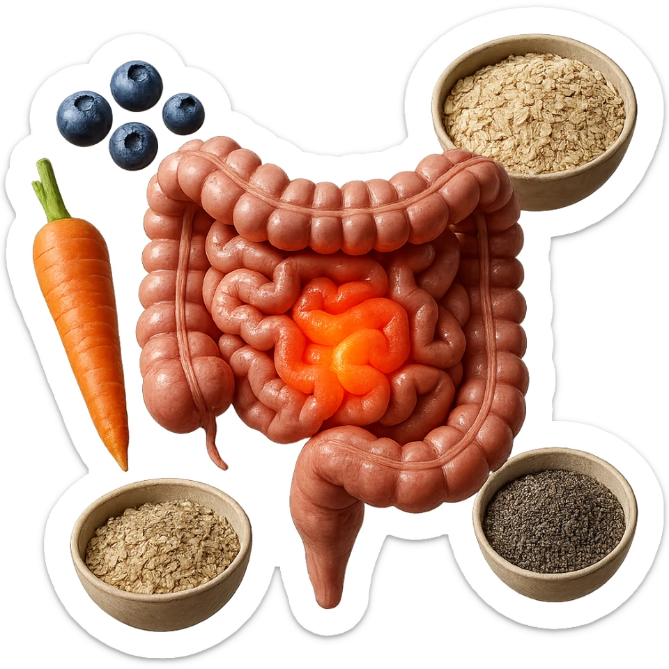intestino umano anatomico infiammato al centro con carota, bowl di avena, mirtilli, bowl di semi di chia che gli fluttuano intorno , iperrealistico 4k sticker
