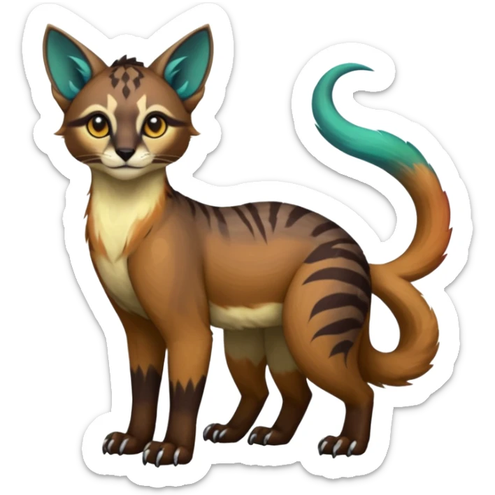 Colorful dark tropical tribal glorious iridescent divine exotic cute cool beautiful beautiful fantasy-caracal-civet-genet-sergal-vernid-Gryphon-Cacomistle-Trico-oncilla-animal-Fakémon-hybrid-fursona (full body) sticker