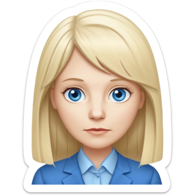 450 yr old white woman, pale skin, long straight blond hair parted in center, blue eyes, bangs, clothes for office sticker