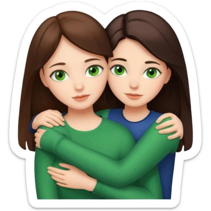A brunette sister with green eyes and a brunette sister with green eyes in different clothes together hugging sticker