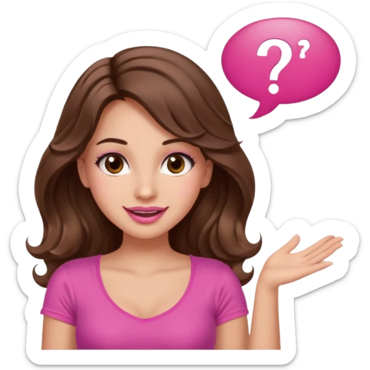 girl with long wavy brown hair, brown eyes, long lashes makeup, sexy pink lips, light to medium complexion, wearing a pink sexy top, shugging, smiling, question mark one speech bubble sticker
