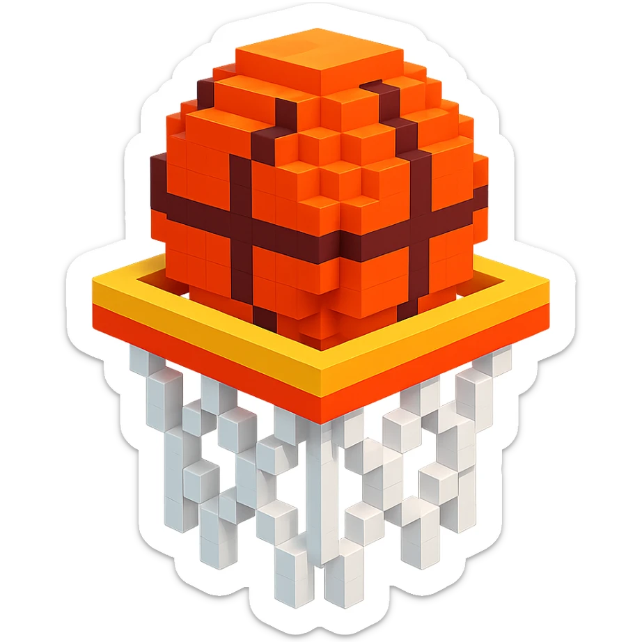 Voxel-style basketball in a net, no background, variation 7. sticker