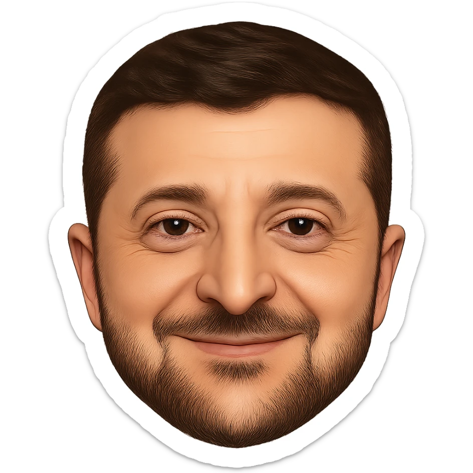 Vladimir Zelensky as an emoji with a round face, close likeness to his real face, detailed hair, beard, and eyes, friendly smile, high quality sticker