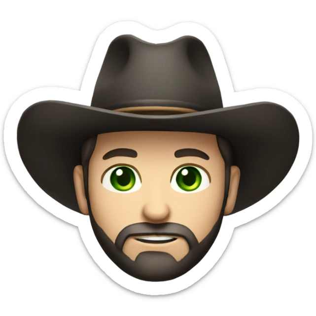 Caucasian male with green eyes, a dark beard dressed as a cowboy with short hair wearing a western hat black sticker