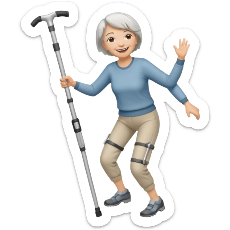 senior woman with pants, short grey hair, laughing and dancing th crutches sticker