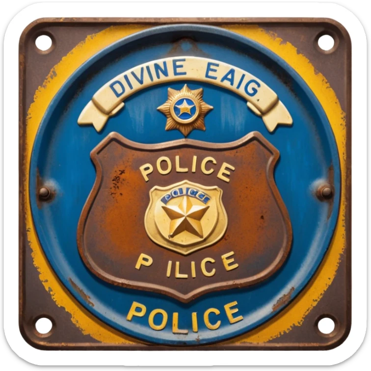 cinematic - aesthetic brilliant divine lighting, oil paint - vintage police plate rusty and broken sticker