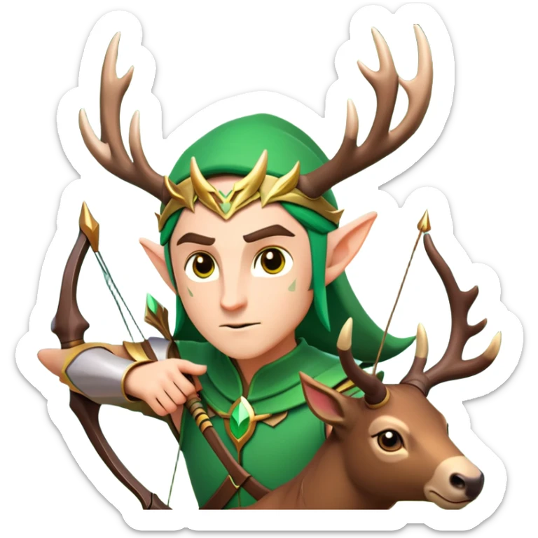 clash-of-clans-aesthetic-focused-elf-archer-portrait-emoji, rendered in a flat, vector-style with minimal shading and bold, simplified shapes, head tilted slightly forward with a determined, focused expression, riding a majestic stag whose luminous antlers glow with mystical energy, set against an ancient, enchanted forest backdrop. sticker