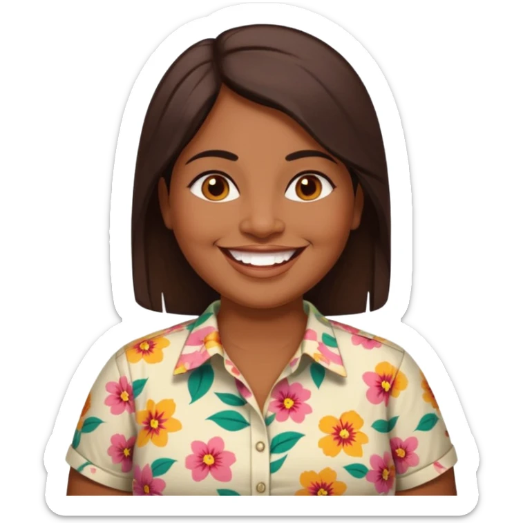 40 yr old chubby sri lankan woman, dark skin, straight brown hair, big smile, white teeth sticker