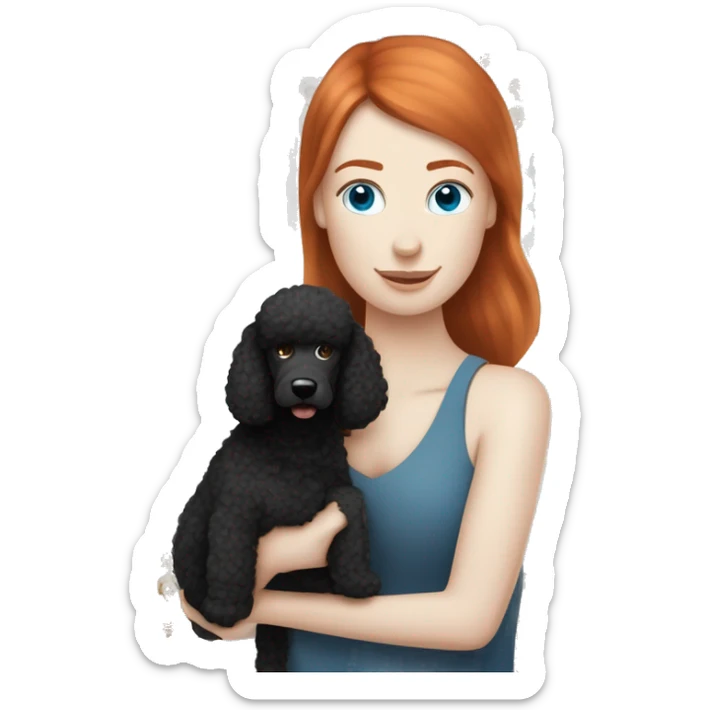 Pale White skinned straight Red haired blue eyed woman with one black standard poodle sticker