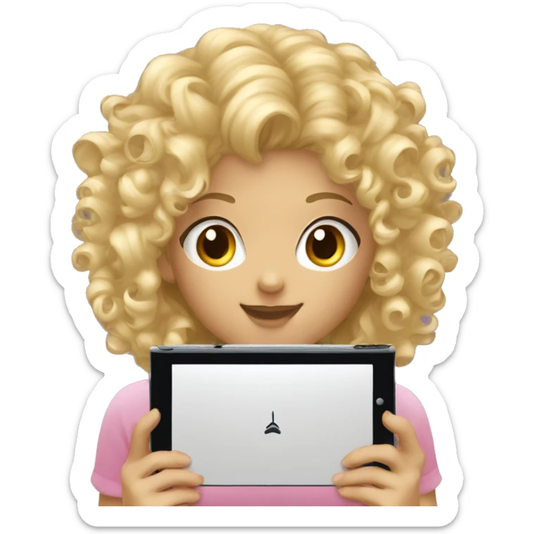 curly haired blonde and black hair girl playing nintendo ds sticker
