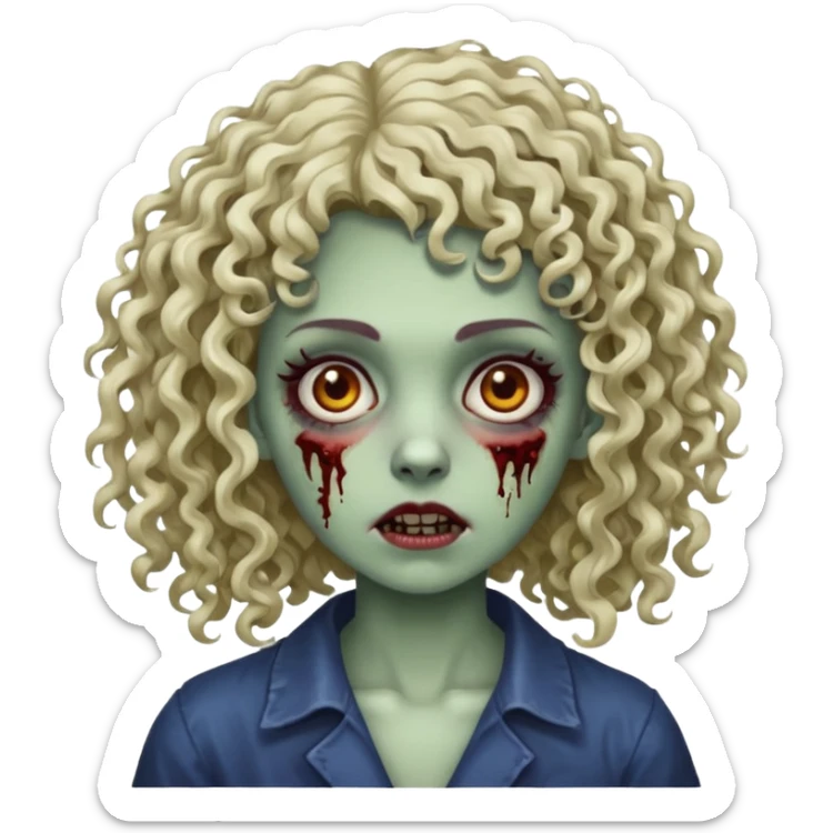 Faça uma mulher zumbi com o cabelo cacheado médio, e uma franja cacheada sticker