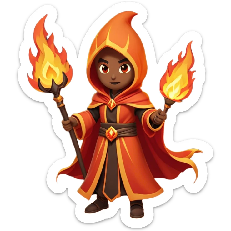 Clash of Clans aesthetic: Cinematic Ferocious Fire Mage Hero closeup Emoji, rendered in a 3D vector-style similar to standard emojis with minimal shading and bold, simplified shapes. A compact, isometric figure draped in flowing, charred and ember-lined robes, wielding a fiery staff crackling with intense flames. Eyes burning with an infernal glow, exuding raw, untamed power. Simplified yet unmistakably iconic, highly detailed and consistent, glowing with a fiery, molten radiance and high shine. Stylized with a touch of menacing sorcery and a searing, ember-infused outline, capturing the essence of a wrathful mage ready to unleash devastating fire magic! sticker
