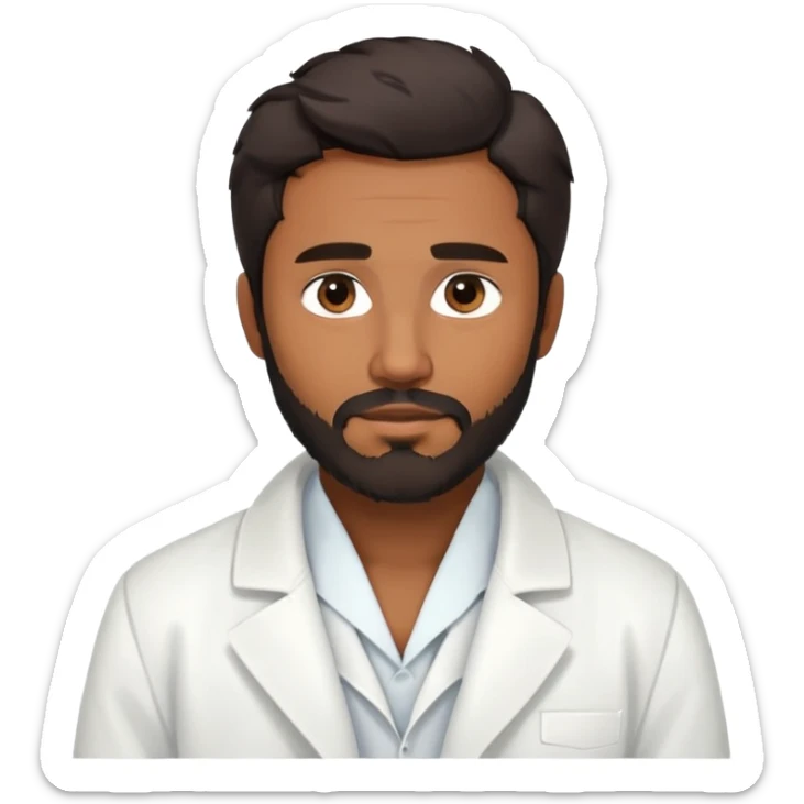 Hombre latino de piel brown, cabello negro ligeramente ondulado, scruff en la barba, con bata blanca abierta sobre camisa clara, expresión serena y mirada enfocada- medico generalista sticker