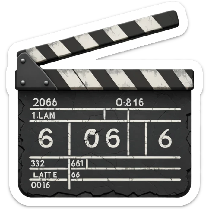 Minimalist emoji-style sticker of a cracked movie clapperboard with the date “06/06/66”, faint scorched marks, all in grayscale


 sticker