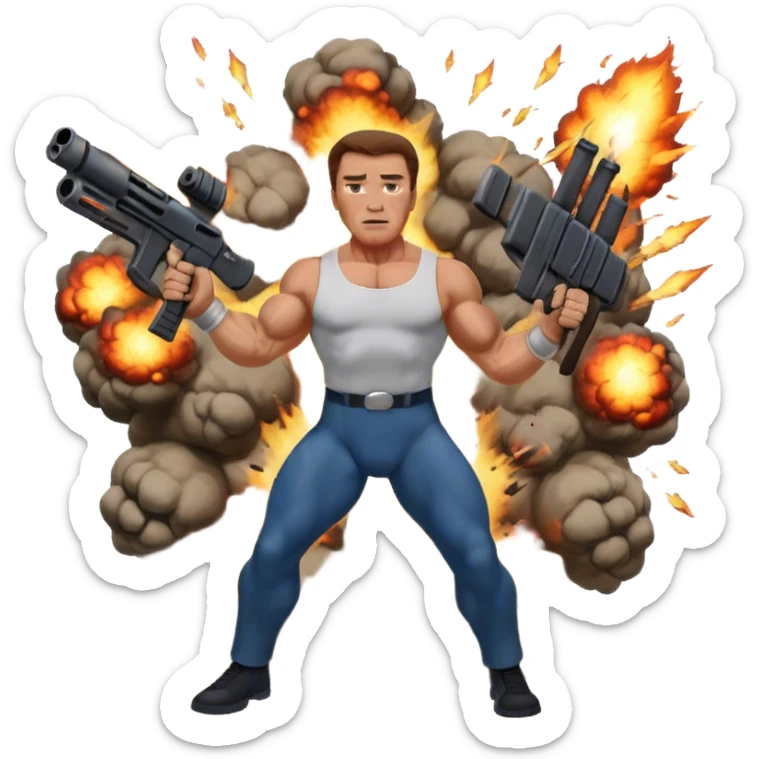 Icon for Action Movies: Arnold Schwarzenegger in the lead role, in an intense action pose with weapons, explosions, and dramatic background. The design should evoke the classic action movie feel with muscle-bound heroes and high-energy sequences. Transparent background. sticker