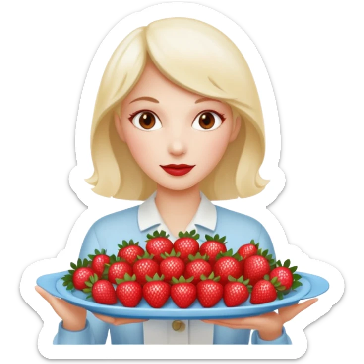 A woman is holding a tray of food containing strawberries and lychees. sticker