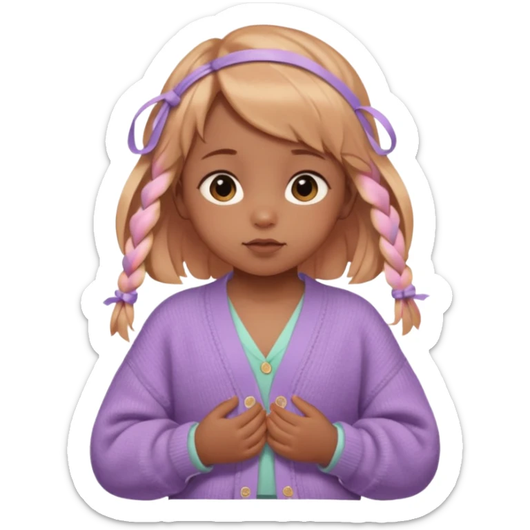 (cinematic macro portrait of baby Skye Newman:1.5), warm glowing brown baby skin with tiny twists tied in pastel ribbons, wearing a cozy oversized cardigan  sticker
