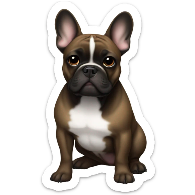 A French bulldog with a black head, brown eyes and a white breast sticker