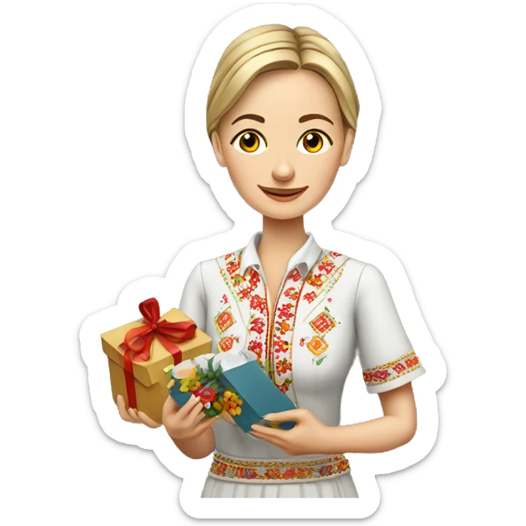 A female teacher in Ukrainian embroidery holds a gift in her hand sticker