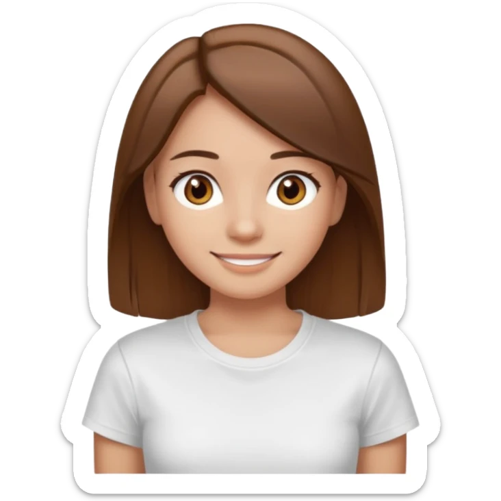 Chica de pelo liso y marrón con ojos color marrón claro y una camiseta blanca sticker