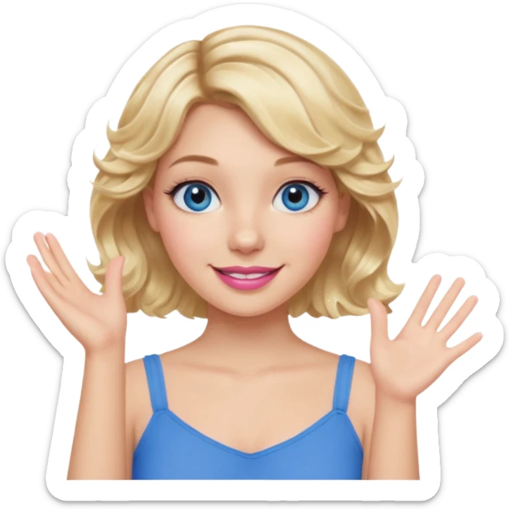 Girl Blonde short wavy hair,  blue eyes, cute blue top, long lashes, pink lips, smiling, one hand in the air sticker