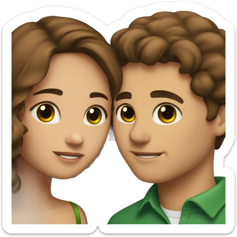 Couple kissing: a girl with brown hair, fair skin and brown eyes, a guy who kisses her with brown hair and green eyes sticker
