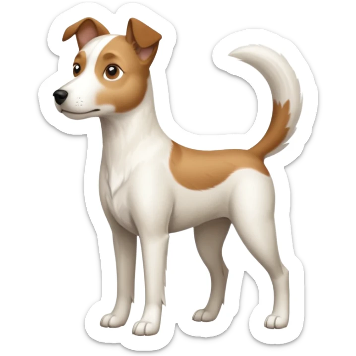 a full body white parson russell looking dog the size of a kelpie with light brown ears and a light brown patch on one eye and a large snout sticker