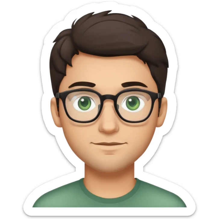 young man with dark poofier slightly curled hair wearing glasses with green eyes and very light stubble, minimal facial hair, with a slight smile sticker