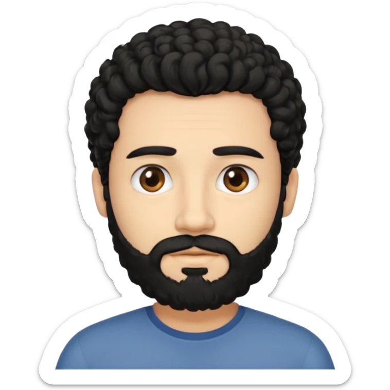 This is a cartoon-style avatar of a man with curly black hair, a beard, and a calm expression sticker