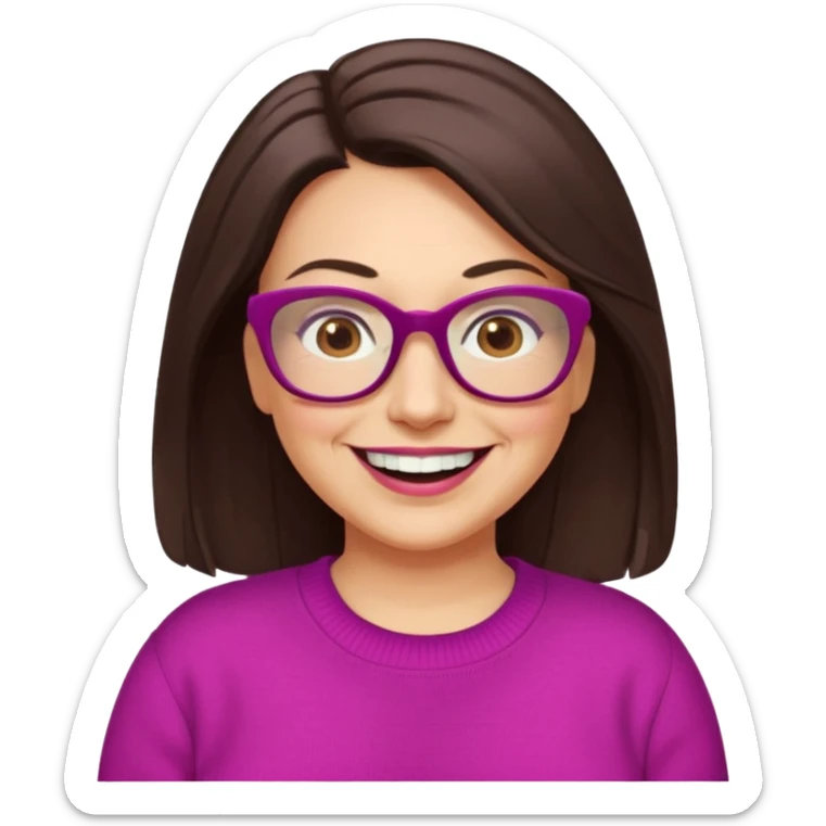 50 yr Caucasian woman, long dark brown hair parted on side, brown eyes, brown glasses, big smile, white teeth, fuscia sweater, chubby,  sticker