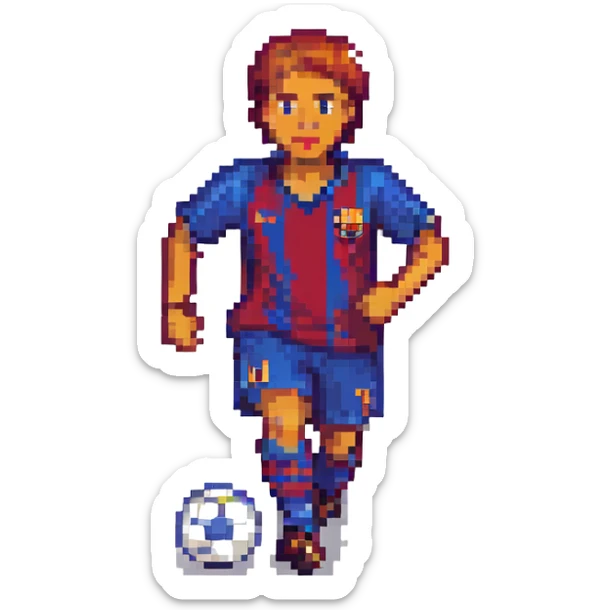 pixel art soccer player in Barcelona FC uniform running with the ball sticker