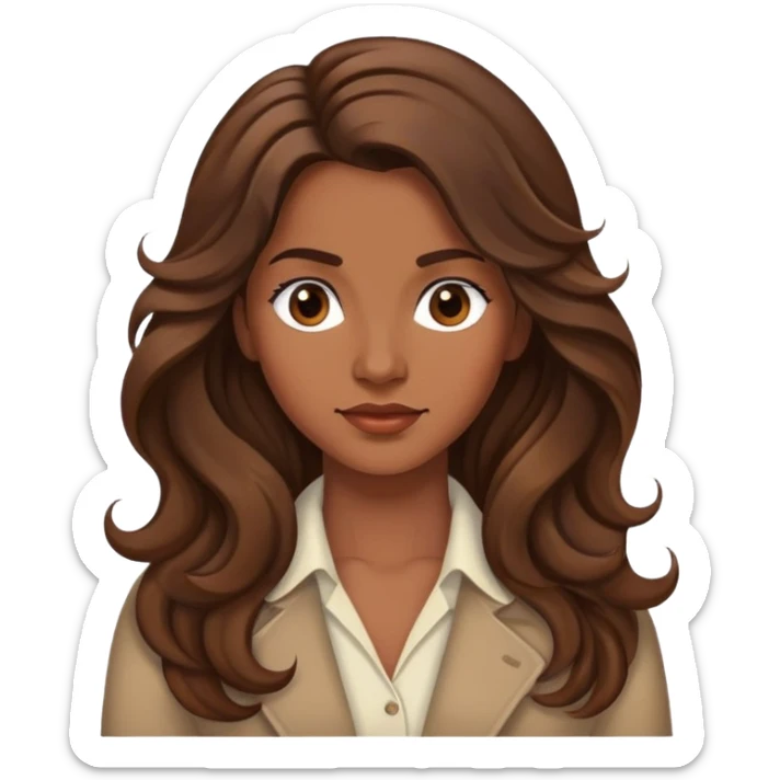 "- Nữ
- 30 tuổi
- Da nâu
- Tóc xoăn sóng nâu, dài, phồng sang bên trái
- Mặt không cười
- Đổi ngôi tóc sticker