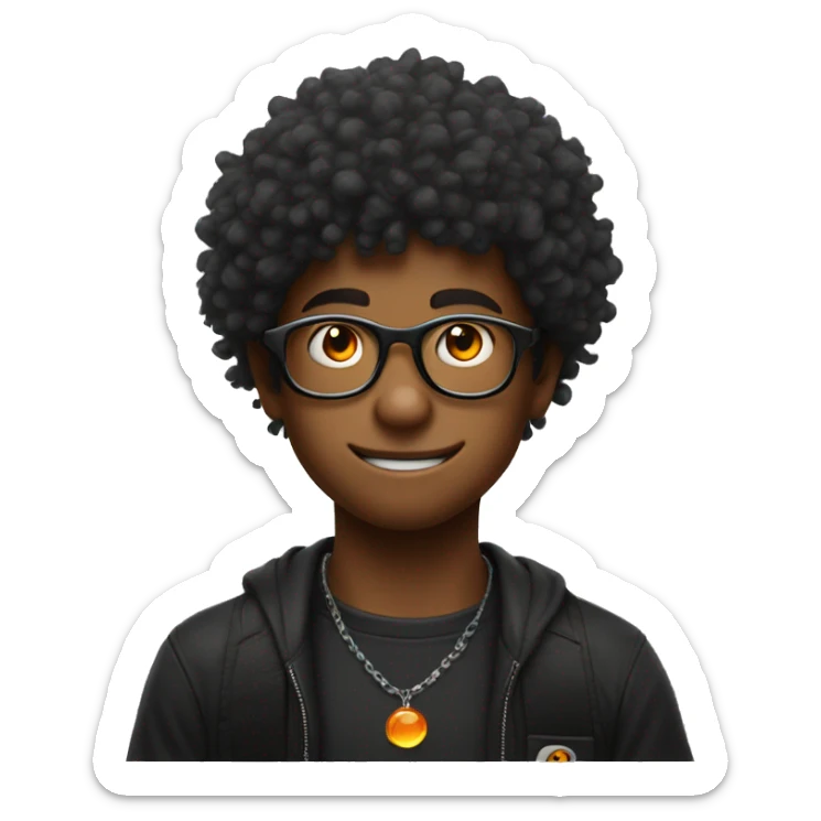 a kid with glasses and orange fluffy hair and hes black getting the chaos emeralds sticker