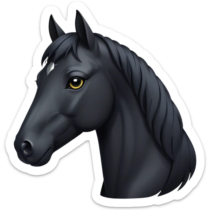 Cinematic Noble Black Horse Portrait Emoji, Poised and regal, with a strong, athletic build and a sleek, well-groomed jet-black fur, deep-set soulful dark eyes, Simplified yet sharp and sophisticated features, highly detailed, glowing with a soft, dignified glow, high shine, intelligent and commanding, stylized with an air of mysterious grace, focused and attentive, soft glowing outline, capturing the essence of a watchful and confident steed, so majestic it feels as though it could gallop out of the screen with effortless authority! sticker